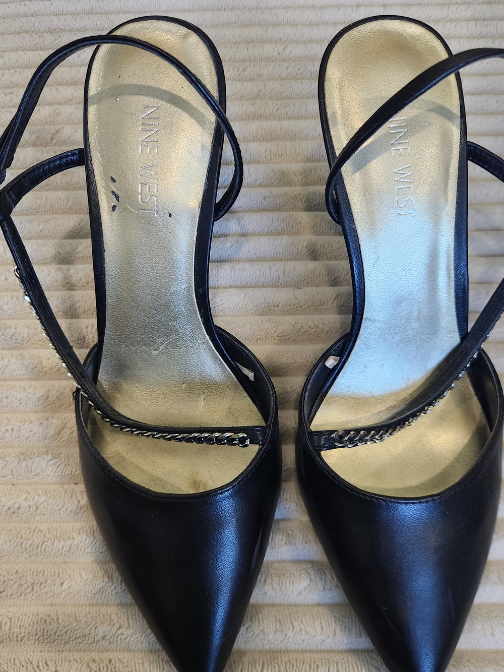 Nine West Black Pointed Slingback Heels with Chain Strap
